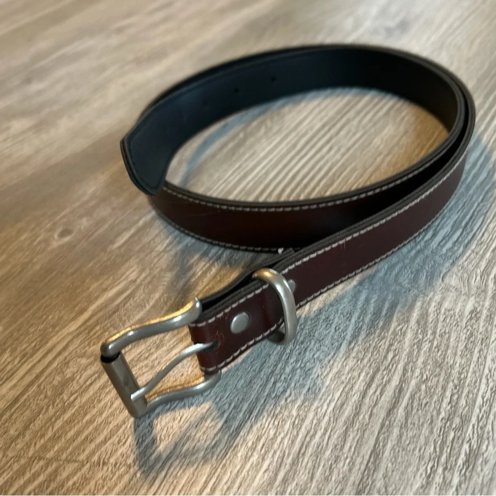 Men’s Brown Leather Belt Fits 34-38 1 Inch Silver Colored Metal Buckle Read Info